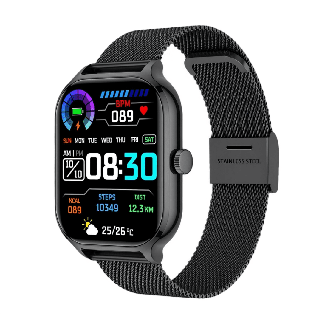 Full Screen Smartwatch with Mesh Strap & App Grid Interface